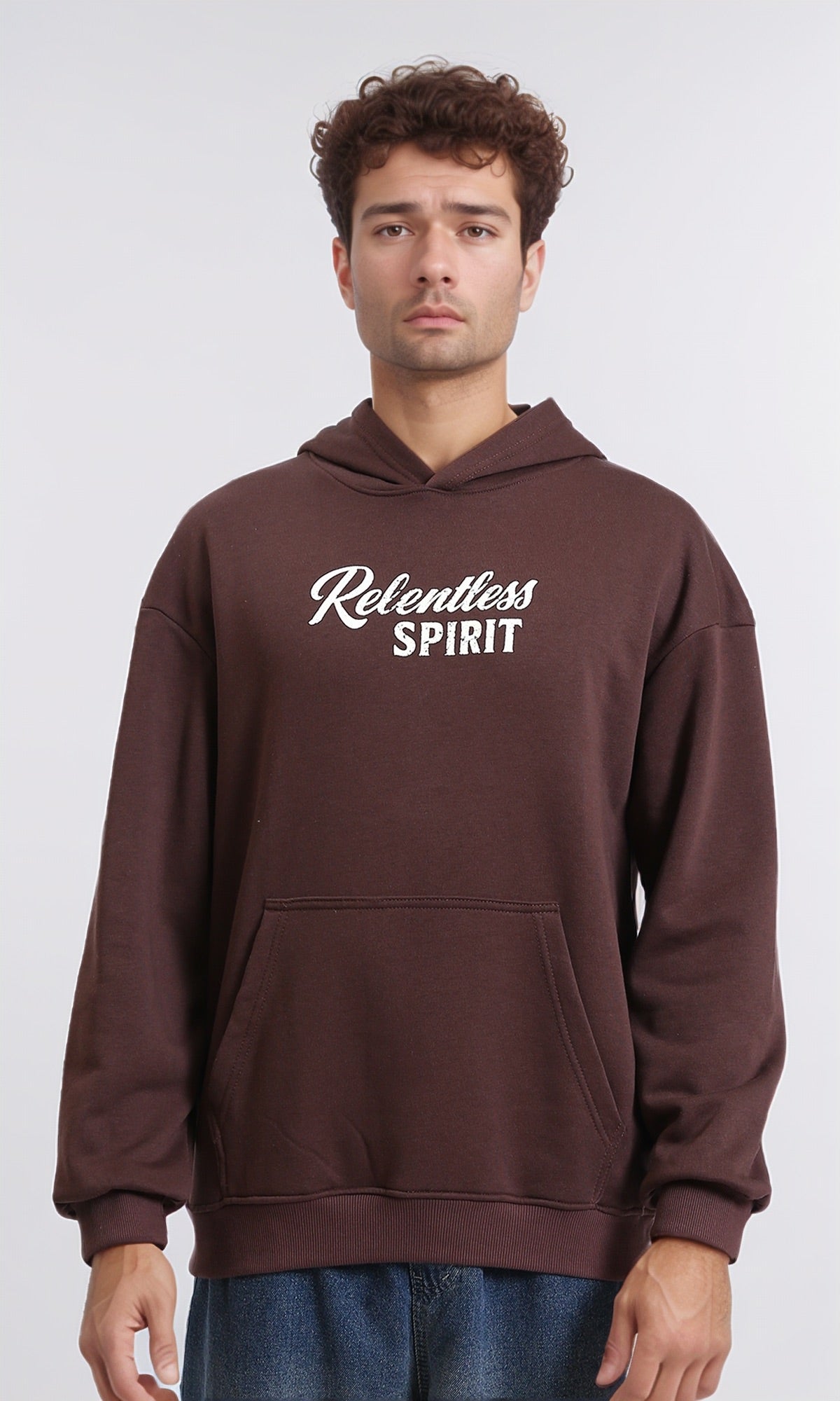 Front Print Hoodie with Kangaroo Pocket - Dark Brown