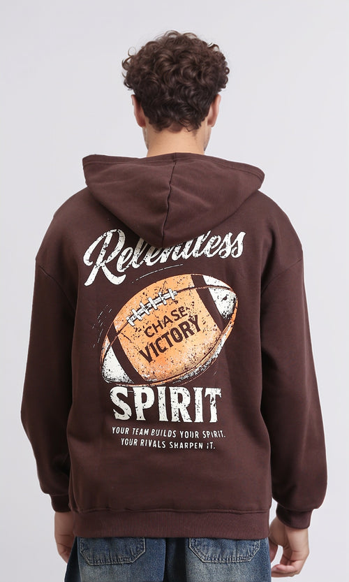 R215075 - Front Print Hoodie with kangaroo Pocket - Dark Brown