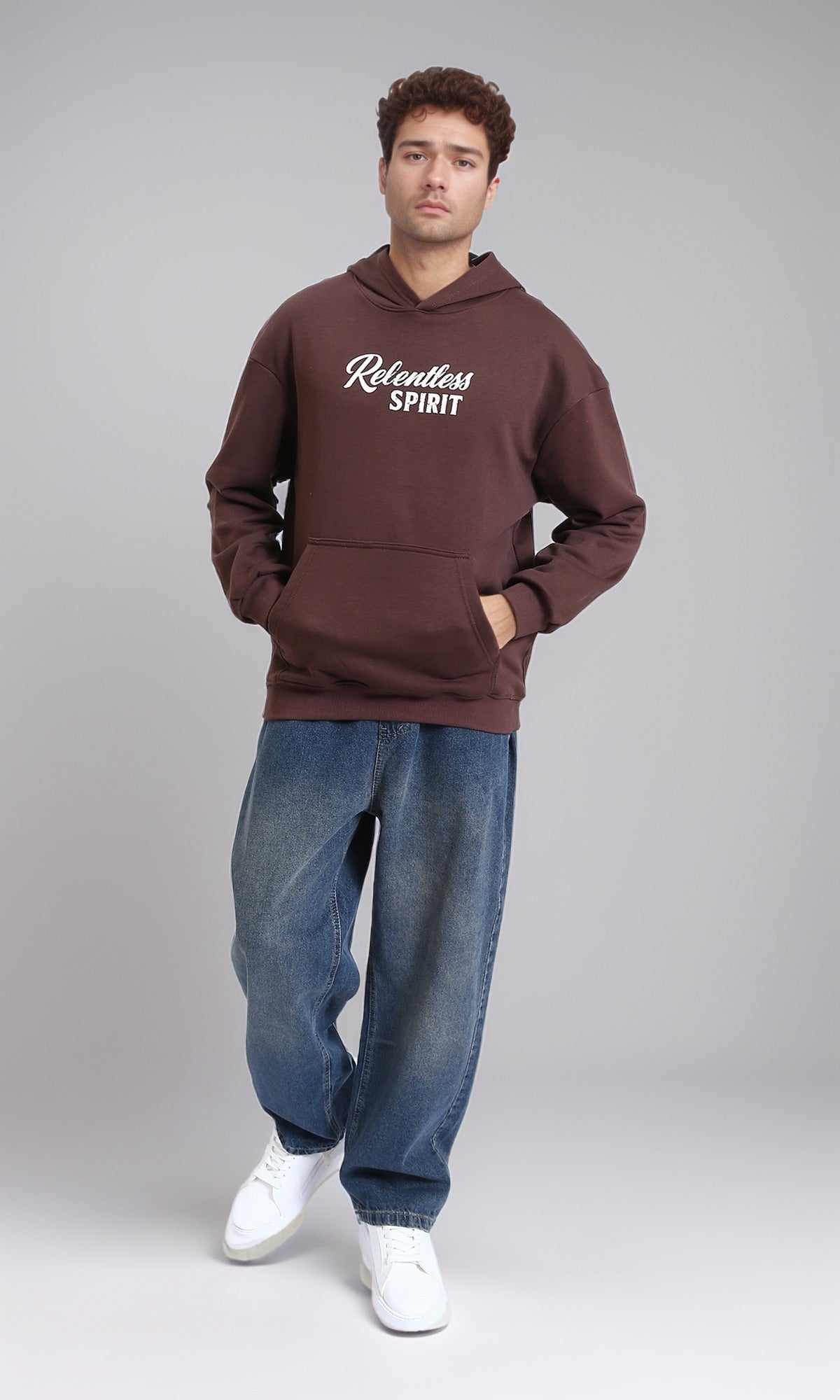 R215075 - Front Print Hoodie with kangaroo Pocket - Dark Brown