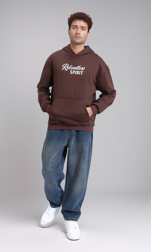 R215075 - Front Print Hoodie with kangaroo Pocket - Dark Brown