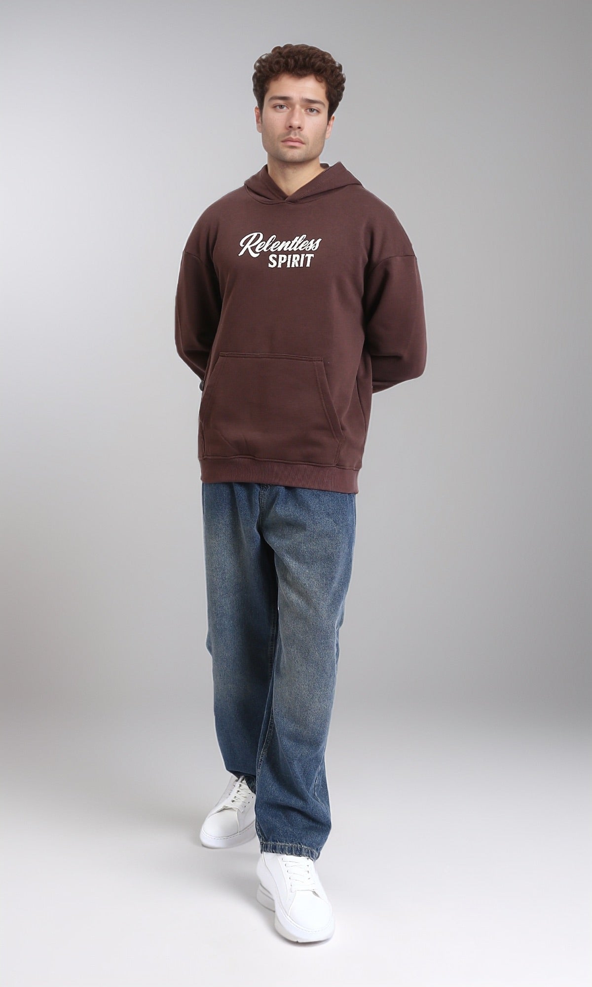 R215075 - Front Print Hoodie with kangaroo Pocket - Dark Brown