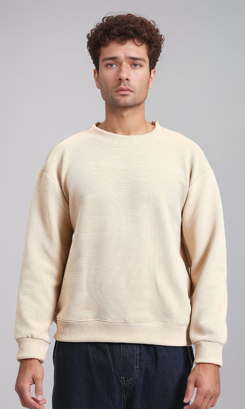 R215076 - Ribbed Diagonal Crew Neck Sweatshirt - Beige