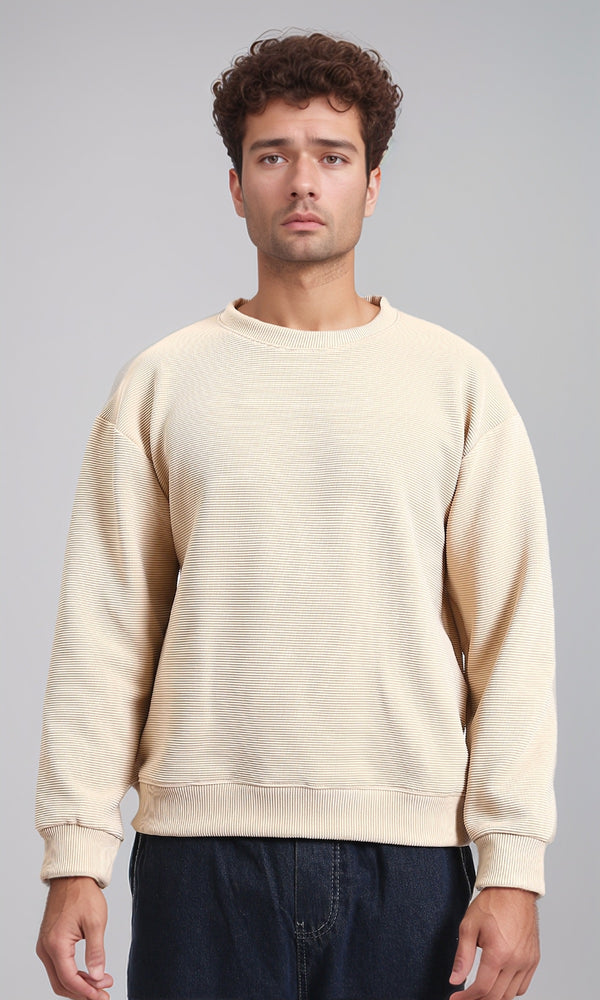 R215076 - Ribbed Diagonal Crew Neck Sweatshirt - Beige