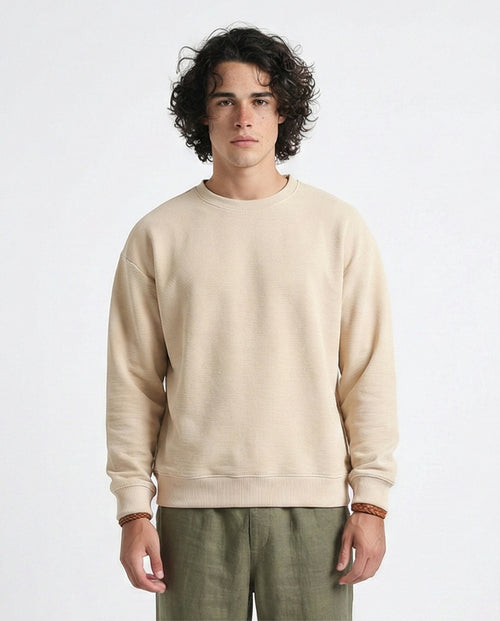 Ribbed Diagonal Crew Neck Sweatshirt - Beige