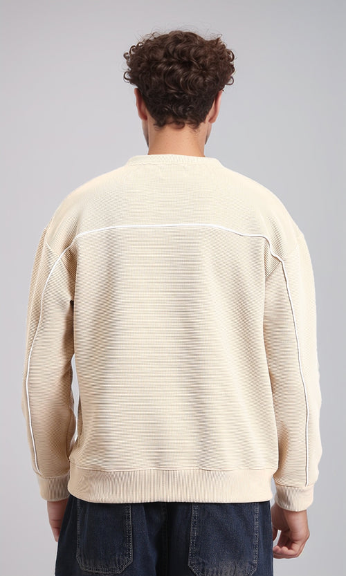 R215076 - Ribbed Diagonal Crew Neck Sweatshirt - Beige