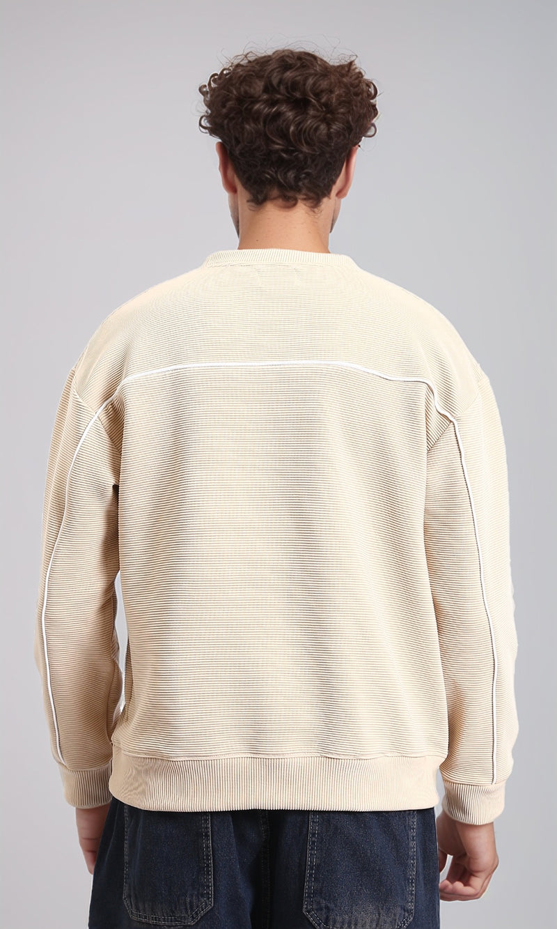 R215076 - Ribbed Diagonal Crew Neck Sweatshirt - Beige