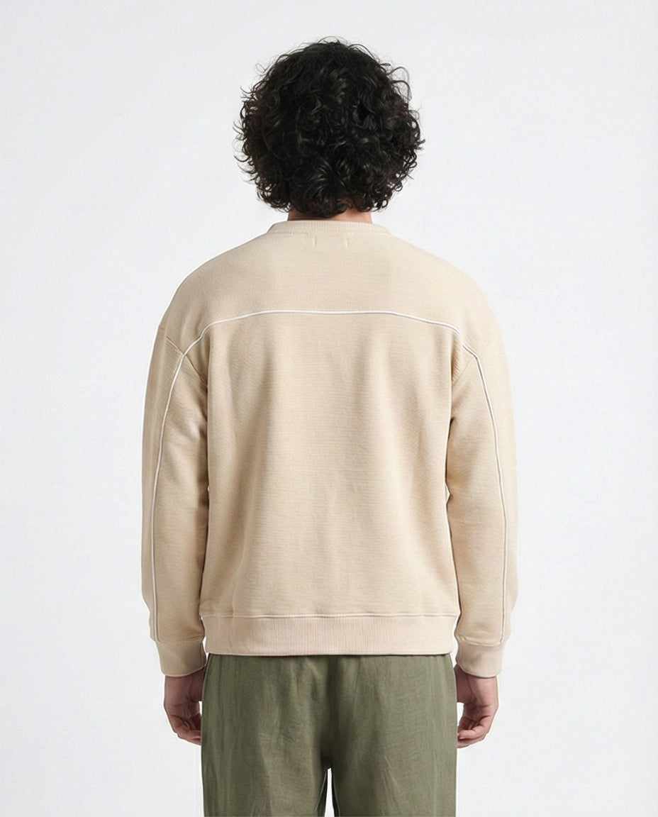 R215076 - Ribbed Diagonal Crew Neck Sweatshirt - Beige