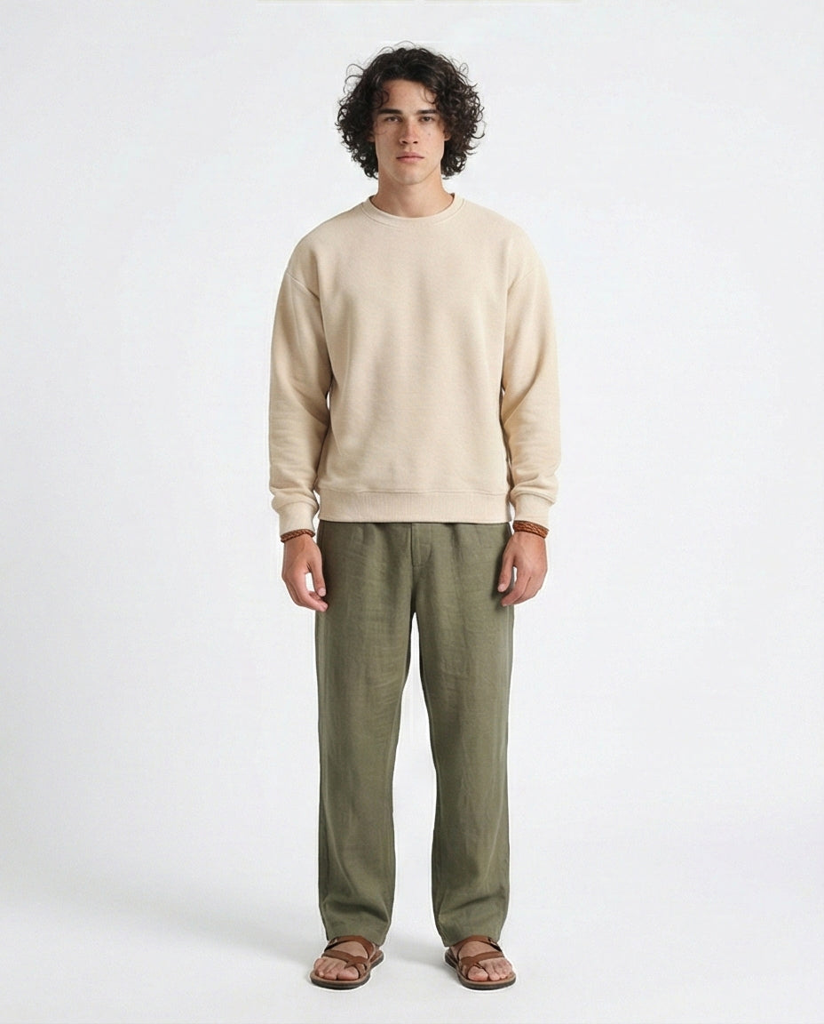 R215076 - Ribbed Diagonal Crew Neck Sweatshirt - Beige