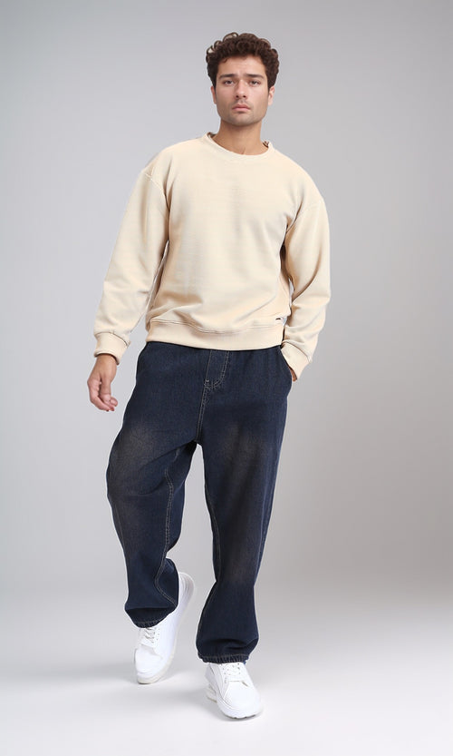 R215076 - Ribbed Diagonal Crew Neck Sweatshirt - Beige