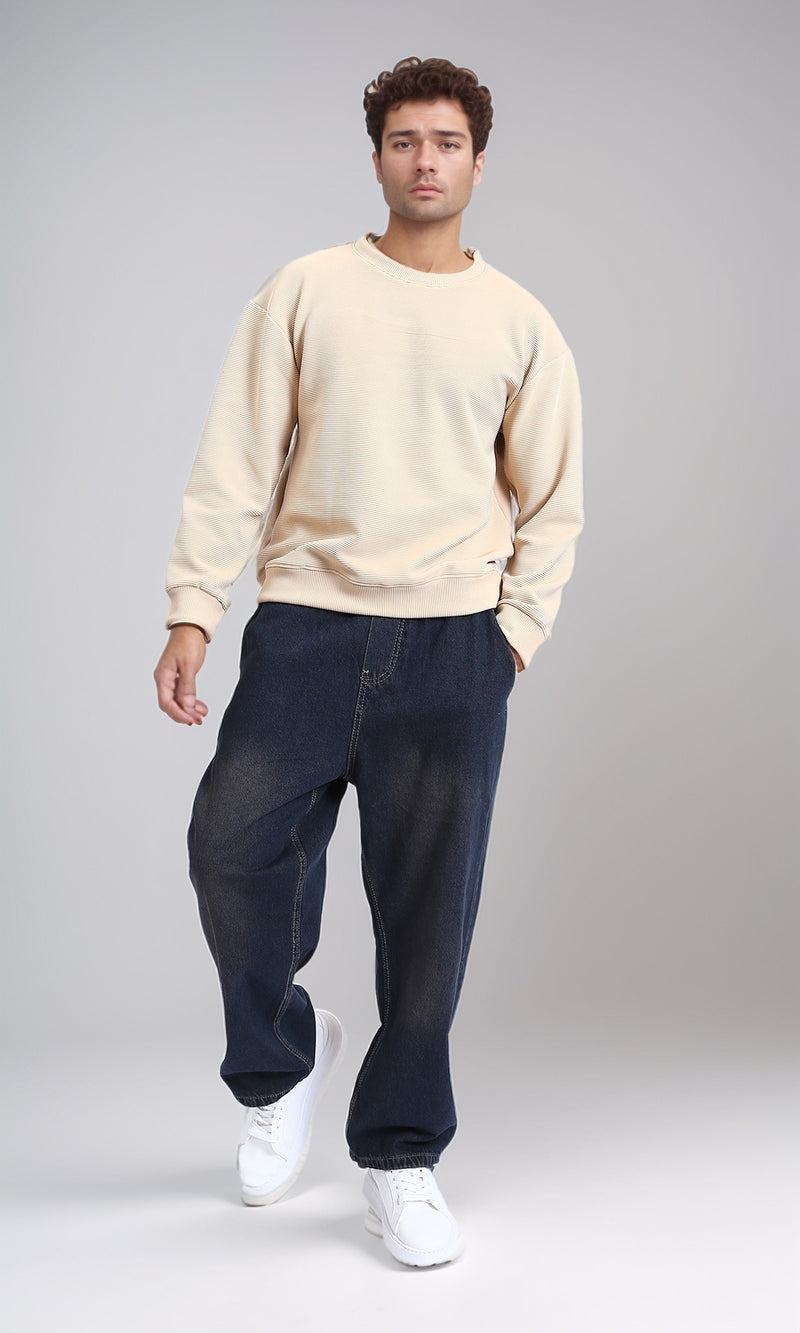 R215076 - Ribbed Diagonal Crew Neck Sweatshirt - Beige