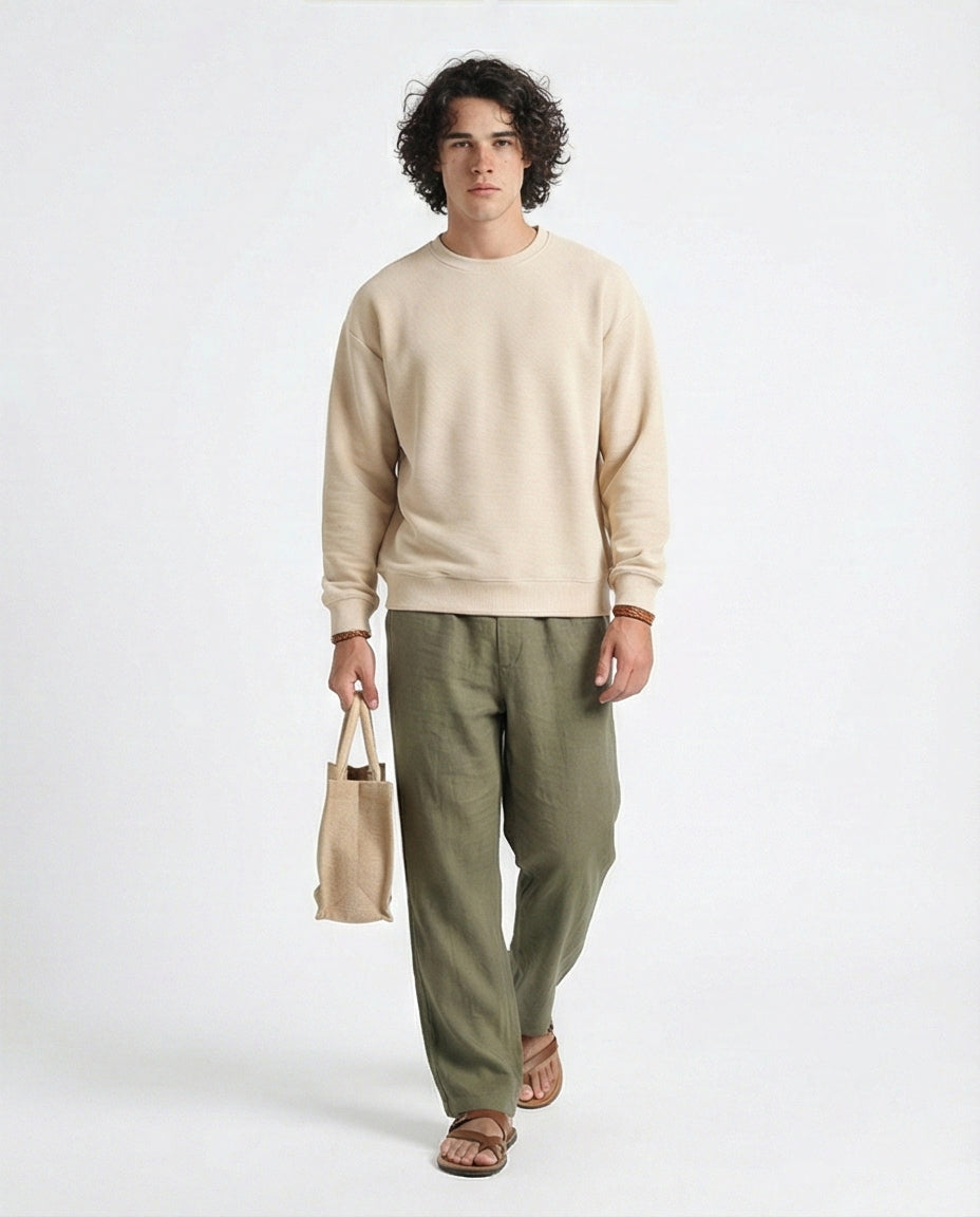 R215076 - Ribbed Diagonal Crew Neck Sweatshirt - Beige