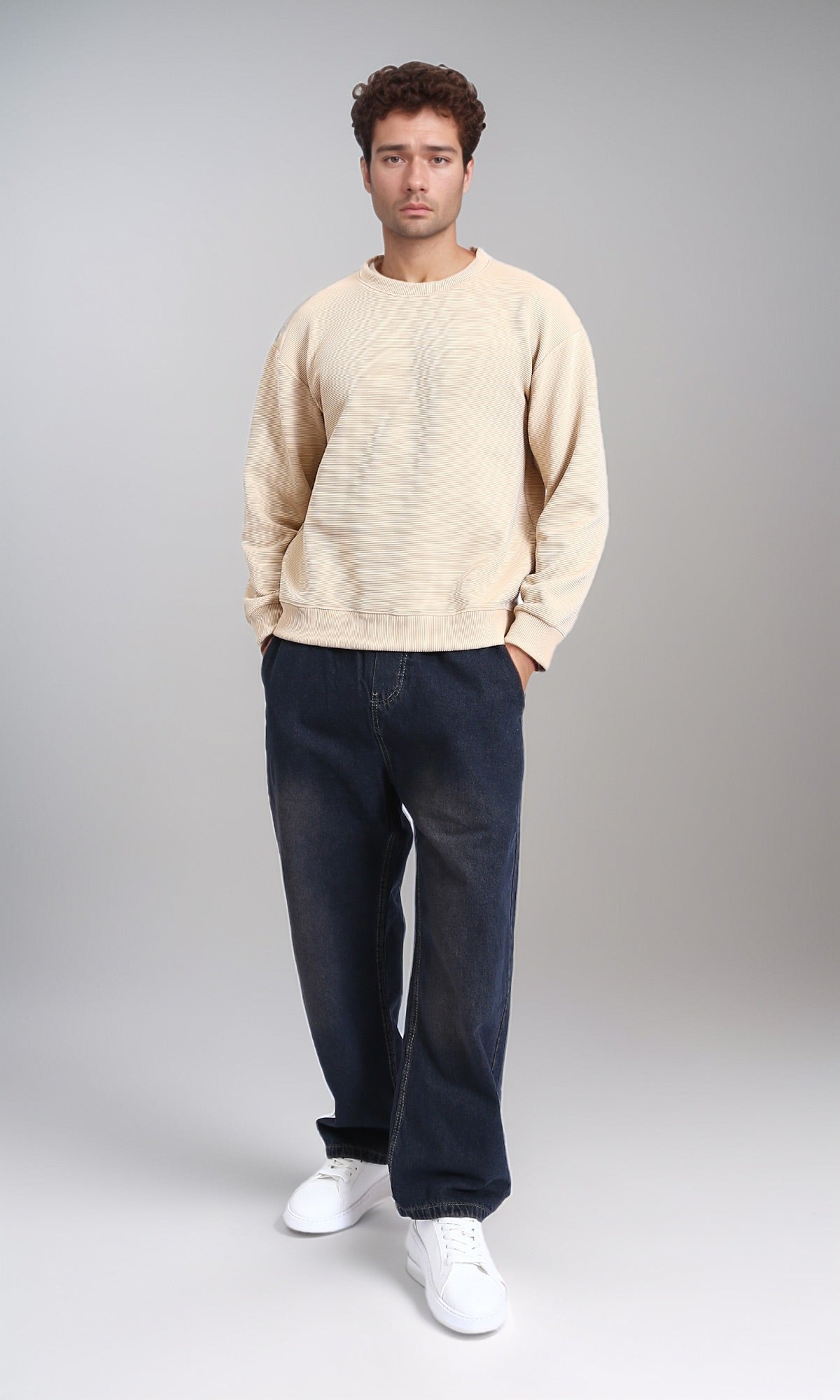 R215076 - Ribbed Diagonal Crew Neck Sweatshirt - Beige