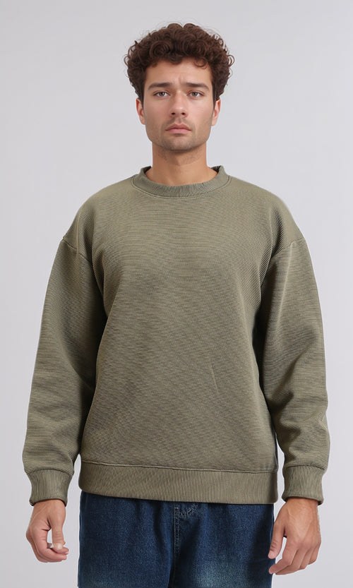 R215077 - Ribbed Diagonal Crew Neck Sweatshirt - Olive
