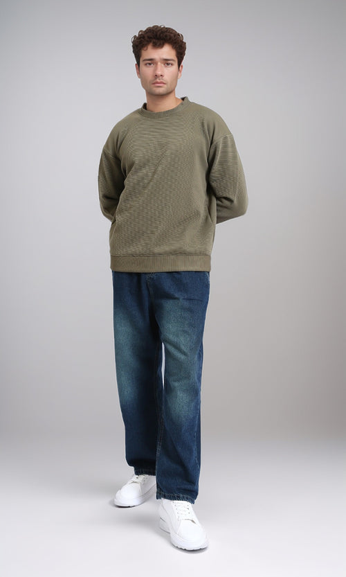 R215077 - Ribbed Diagonal Crew Neck Sweatshirt - Olive