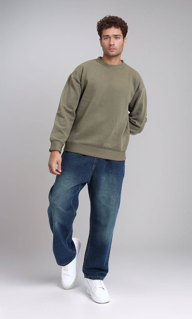 R215077 - Ribbed Diagonal Crew Neck Sweatshirt - Olive