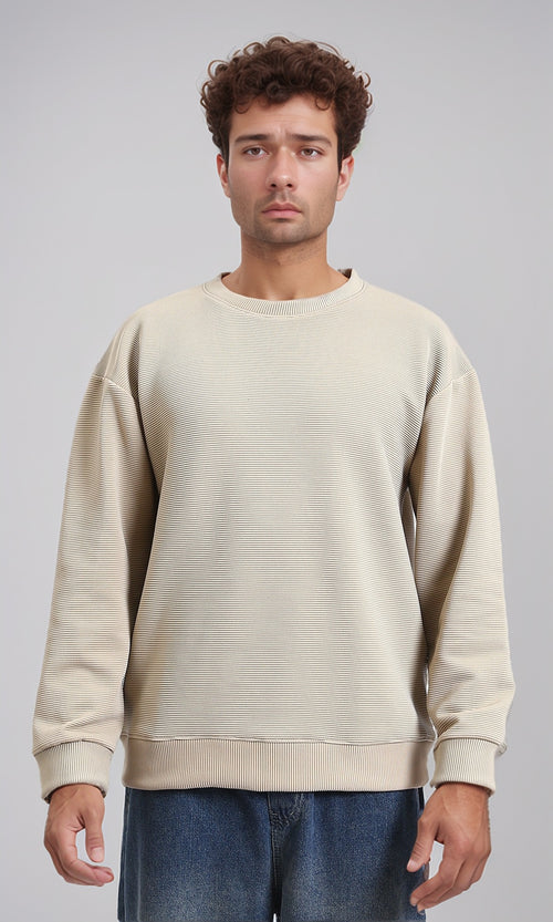R215078 - Ribbed Diagonal Crew Neck Sweatshirt - Dark Beige