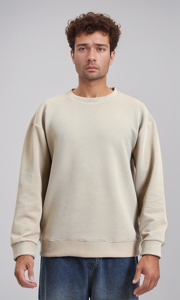 R215078 - Ribbed Diagonal Crew Neck Sweatshirt - Dark Beige