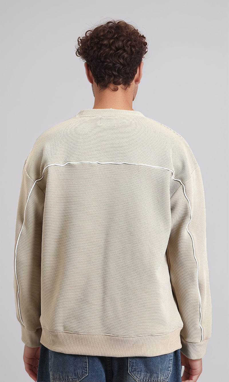 R215078 - Ribbed Diagonal Crew Neck Sweatshirt - Dark Beige