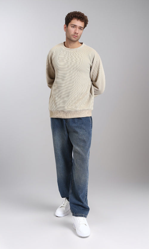 R215078 - Ribbed Diagonal Crew Neck Sweatshirt - Dark Beige