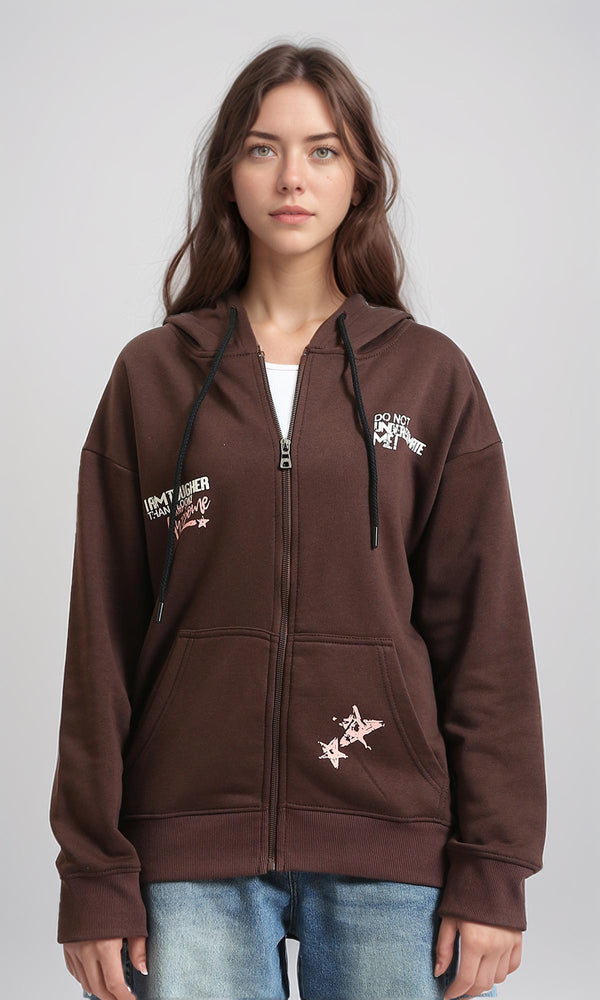 R215080 - Drawstring Hoodie with Front & Back Print - Dark Brown