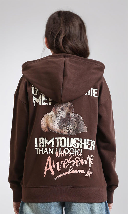 R215080 - Drawstring Hoodie with Front & Back Print - Dark Brown