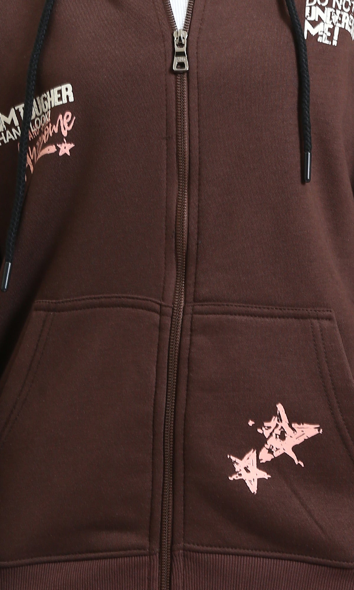 R215080 - Drawstring Hoodie with Front & Back Print - Dark Brown