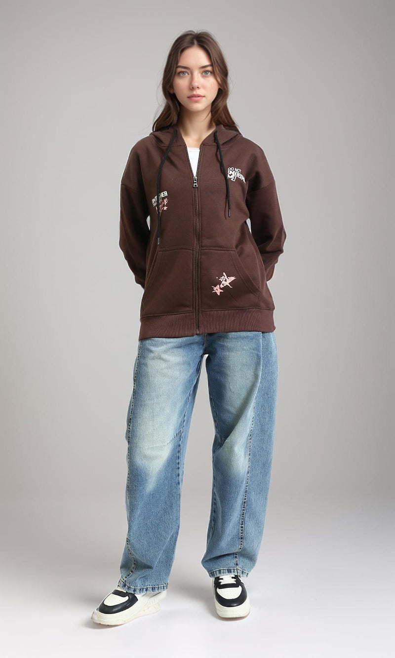 R215080 - Drawstring Hoodie with Front & Back Print - Dark Brown
