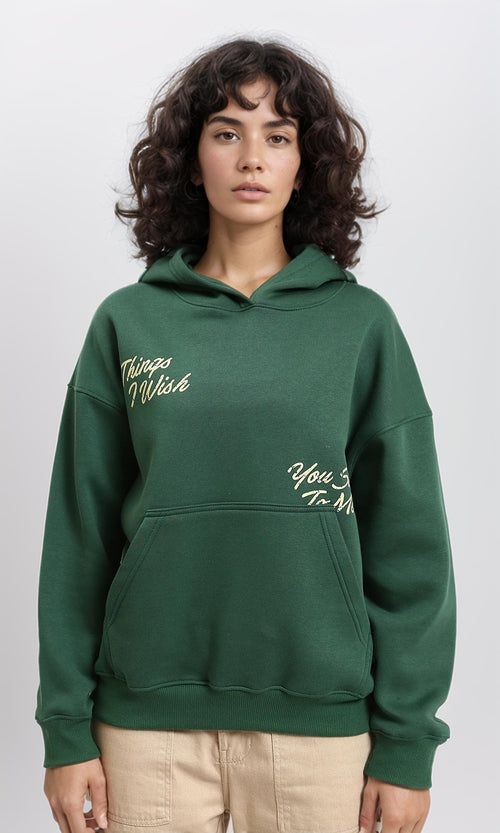 R215081 - Printed Long Sleeves Winter Hoodie - Dark Green