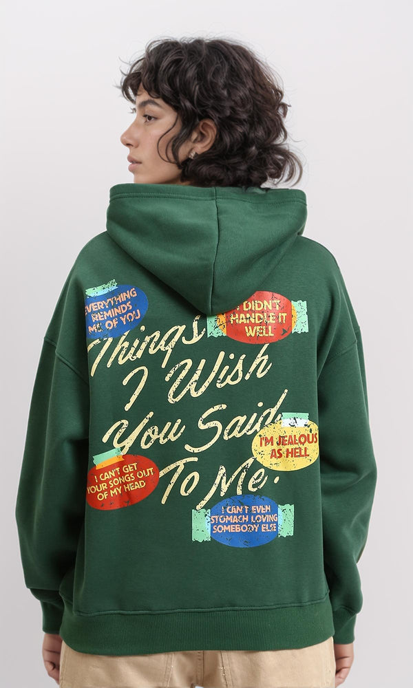 R215081 - Printed Long Sleeves Winter Hoodie - Dark Green