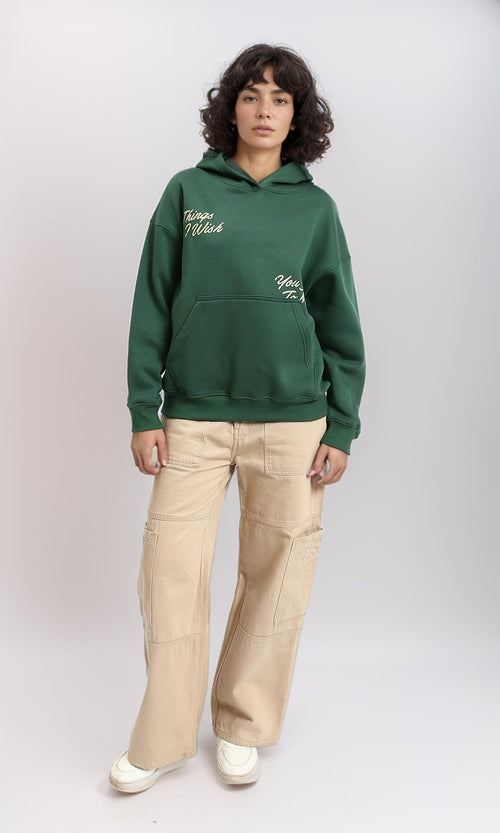 R215081 - Printed Long Sleeves Winter Hoodie - Dark Green