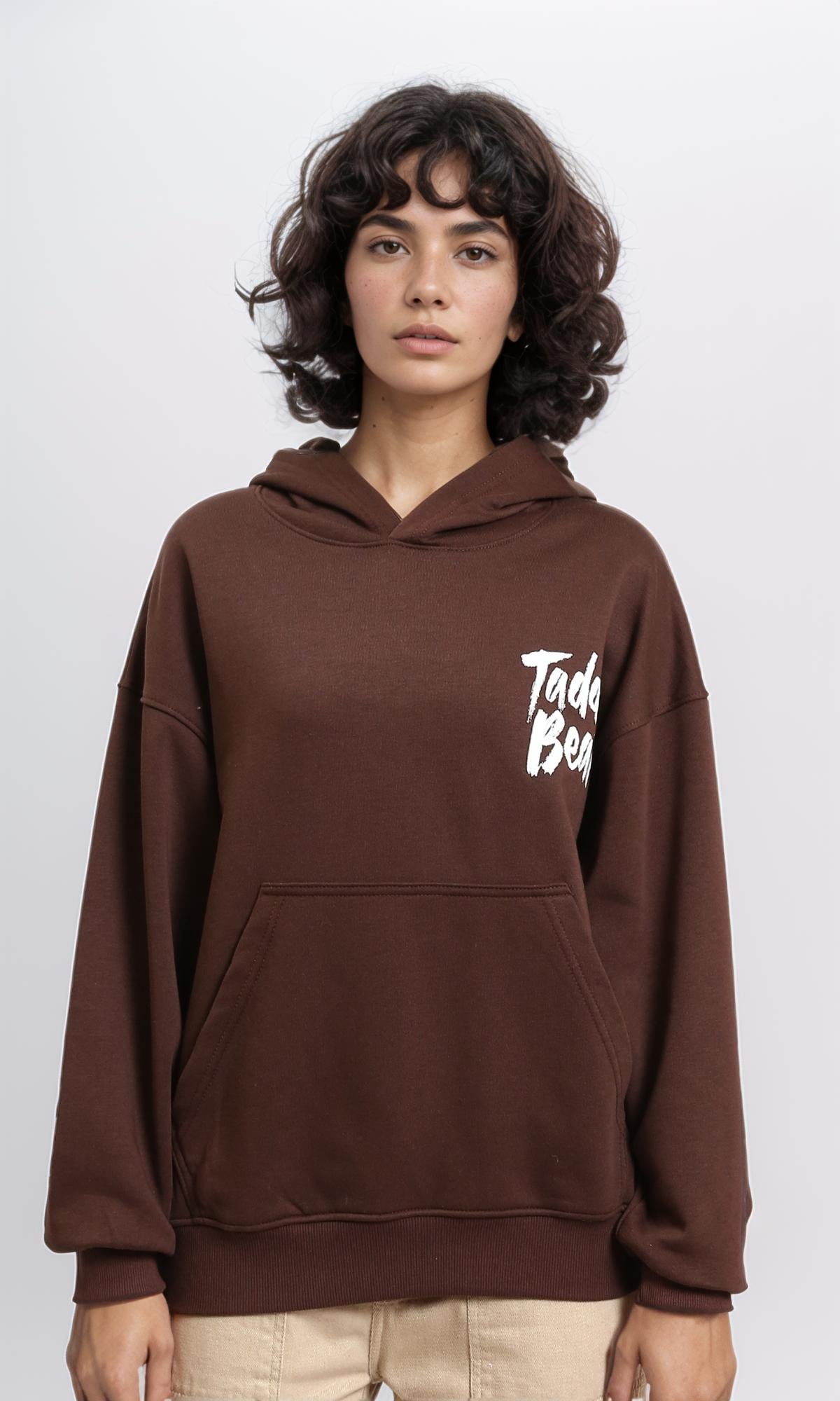 R215082 - Printed "Taddy Bear" Slip On Hoodie - Dark Brown