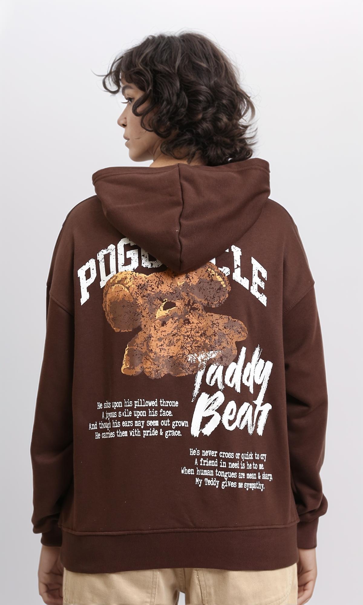 R215082 - Printed "Taddy Bear" Slip On Hoodie - Dark Brown