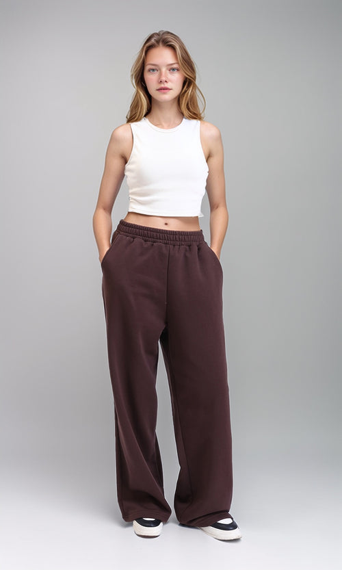 R215083 - Solid Cotton Wide-Leg Pants - Chocolate Brown