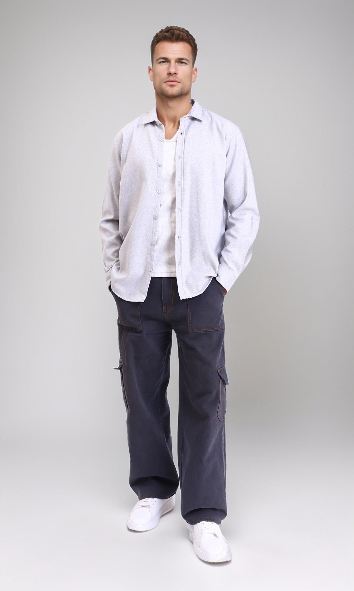 R215085 - Long Sleeves Casual Winter Shirt - Light Grey