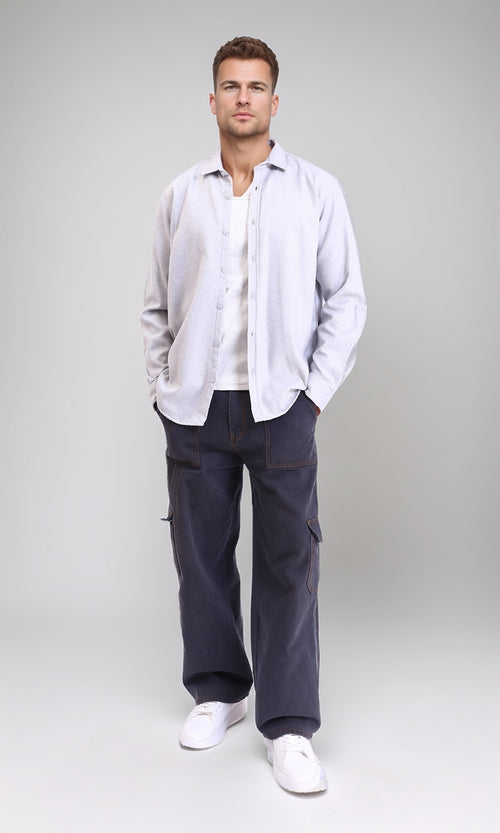 R215085 - Long Sleeves Casual Winter Shirt - Light Grey