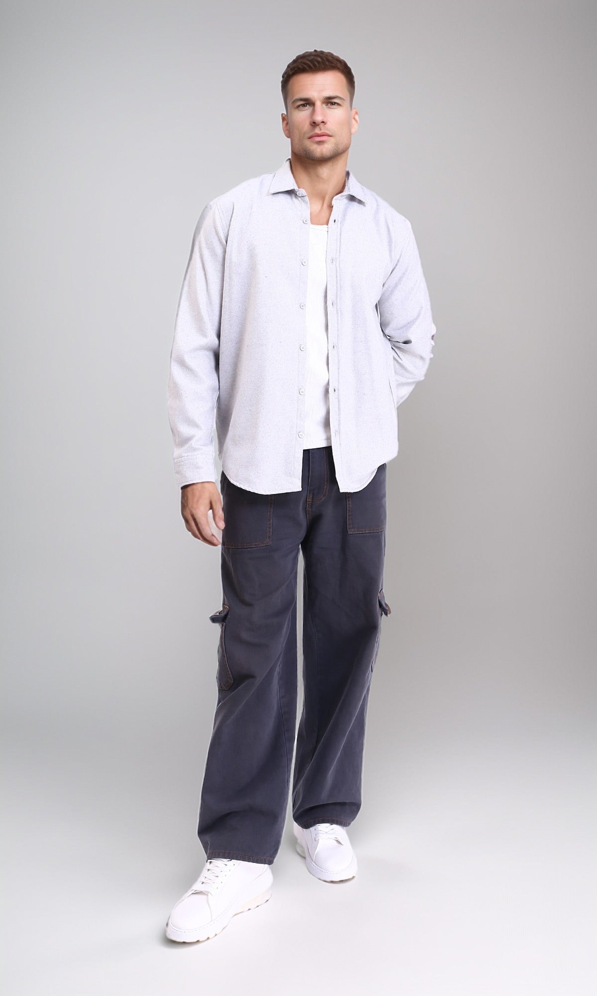 R215085 - Long Sleeves Casual Winter Shirt - Light Grey