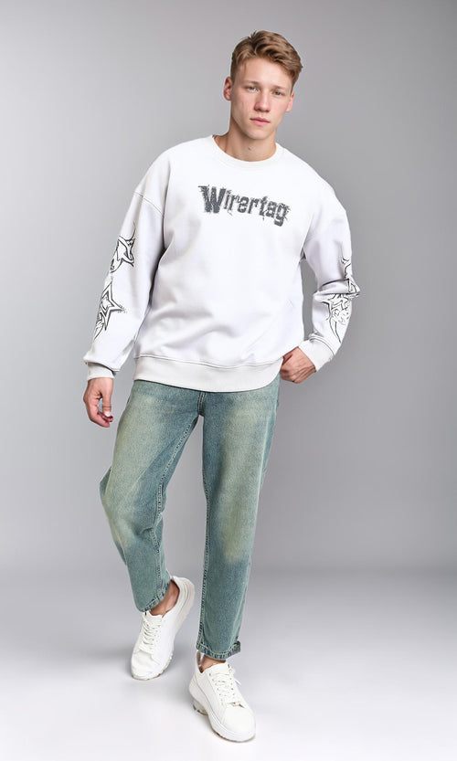 R215111 - Printed "Wirertag" Crew Neck Sweatshirt - Light Grey