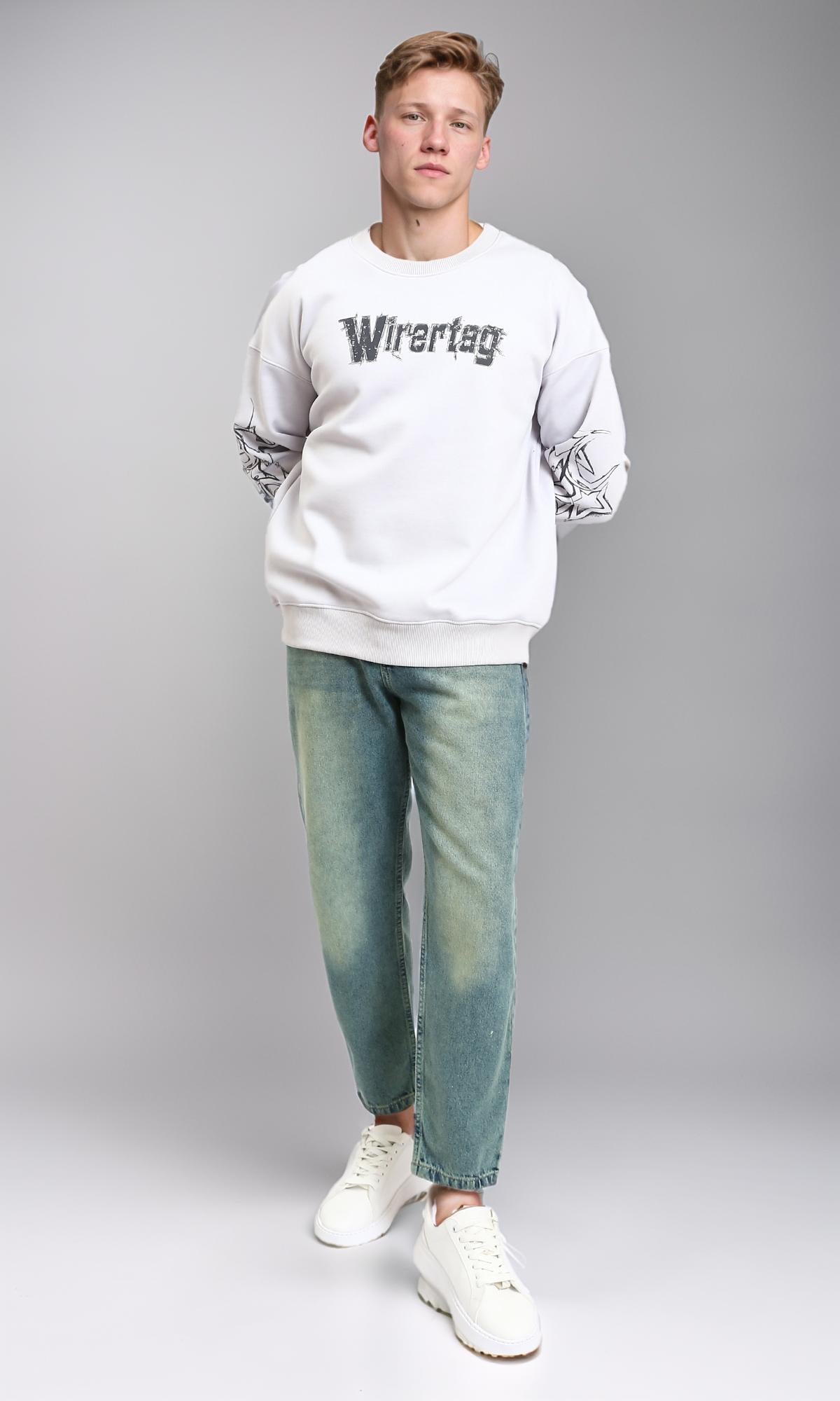 R215111 - Printed "Wirertag" Crew Neck Sweatshirt - Light Grey