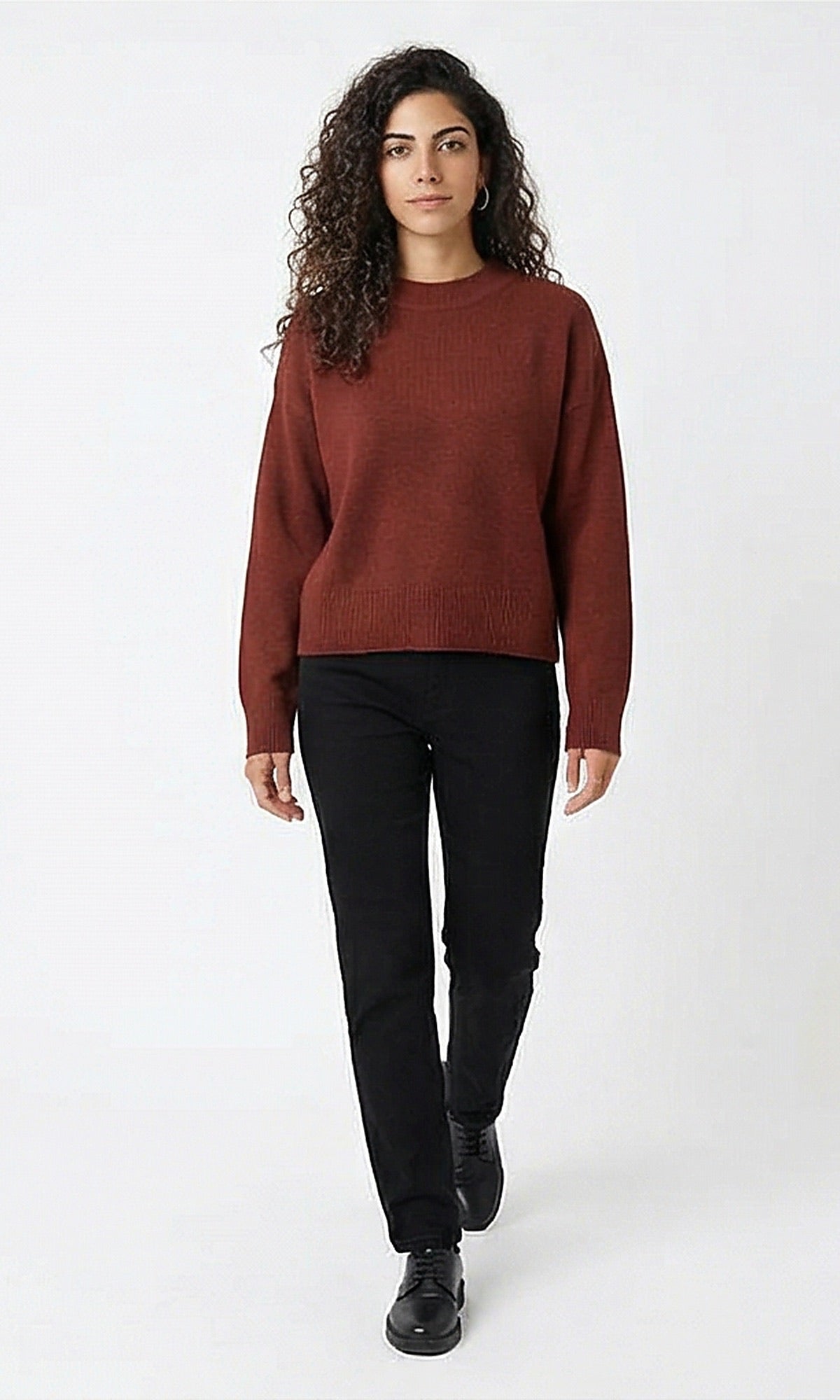 Essential Ribbed-Hem Pullover in Terracotta