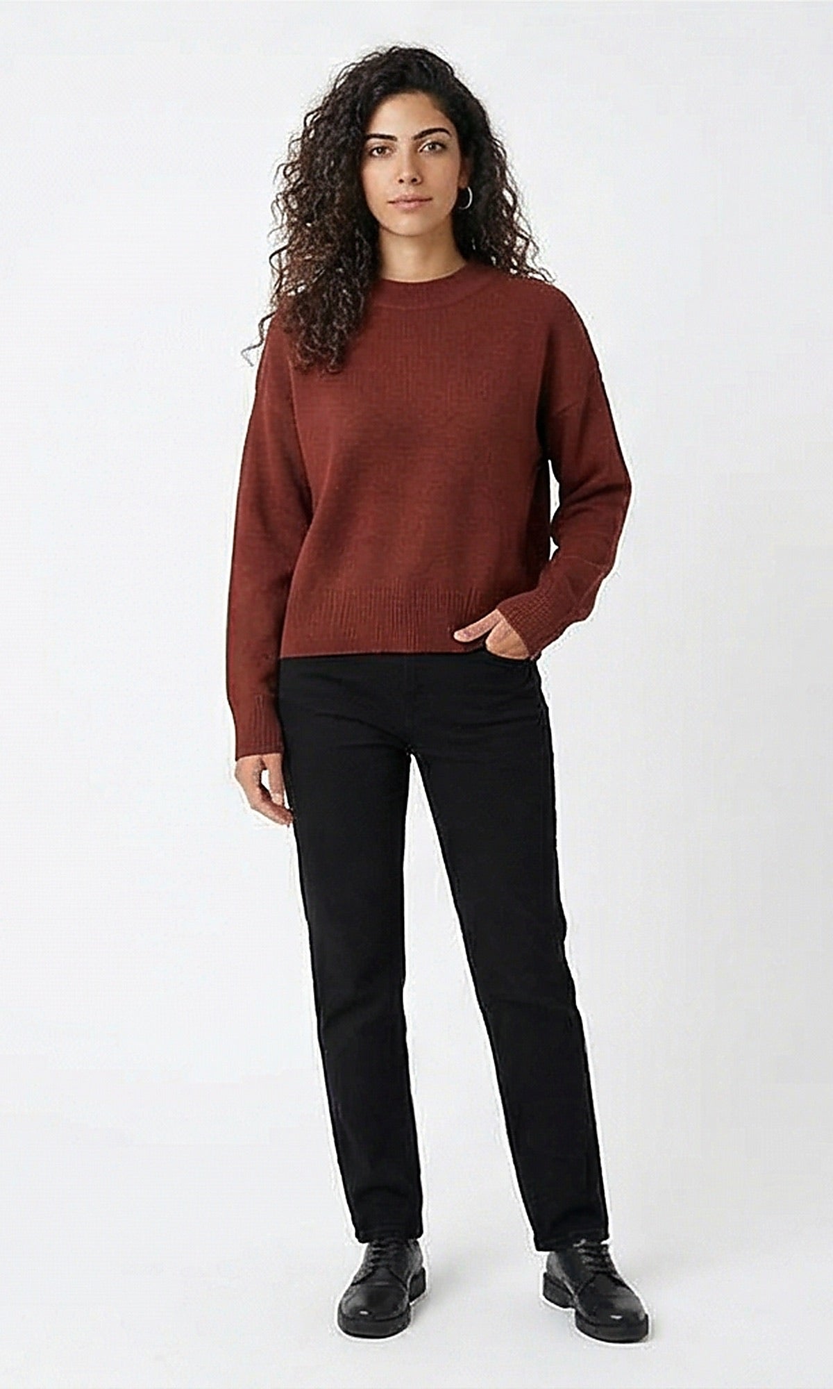 Essential Ribbed-Hem Pullover in Terracotta