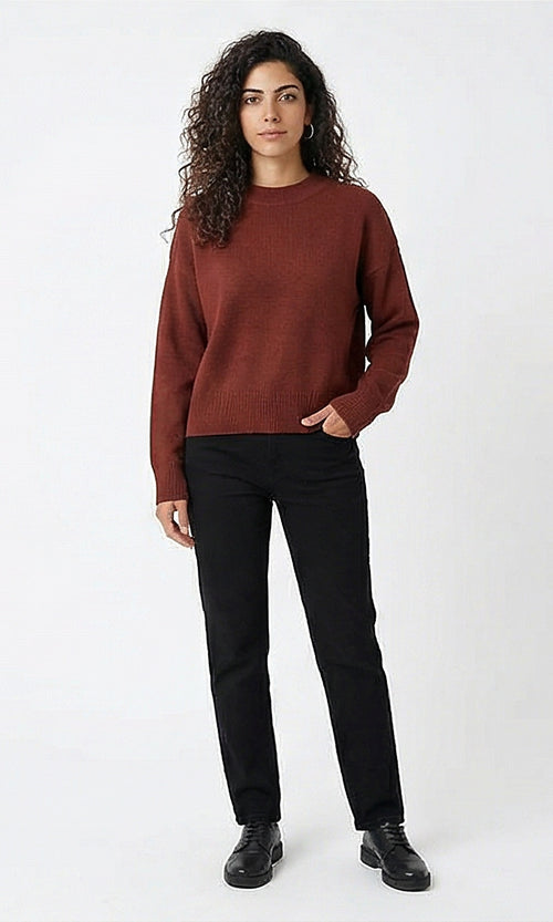 Essential Ribbed-Hem Pullover in Terracotta
