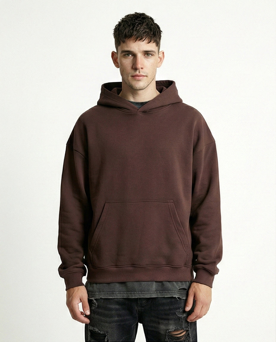 Kangaroo Pocket Solid Cotton Hoodie - Dark Brown