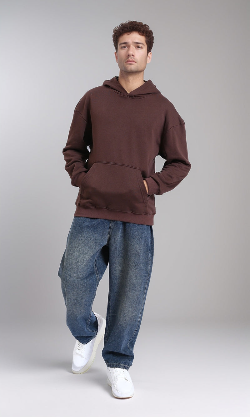 R215214 - Kangaroo Pocket Solid Cotton Hoodie - Dark Brown