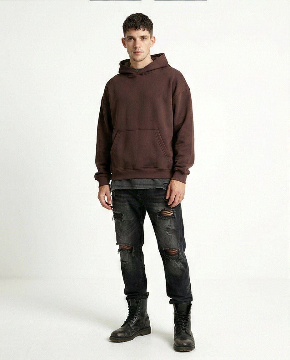 R215214 - Kangaroo Pocket Solid Cotton Hoodie - Dark Brown