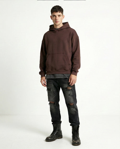 R215214 - Kangaroo Pocket Solid Cotton Hoodie - Dark Brown