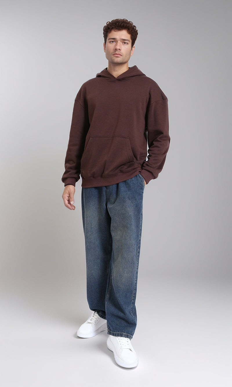 R215214 - Kangaroo Pocket Solid Cotton Hoodie - Dark Brown