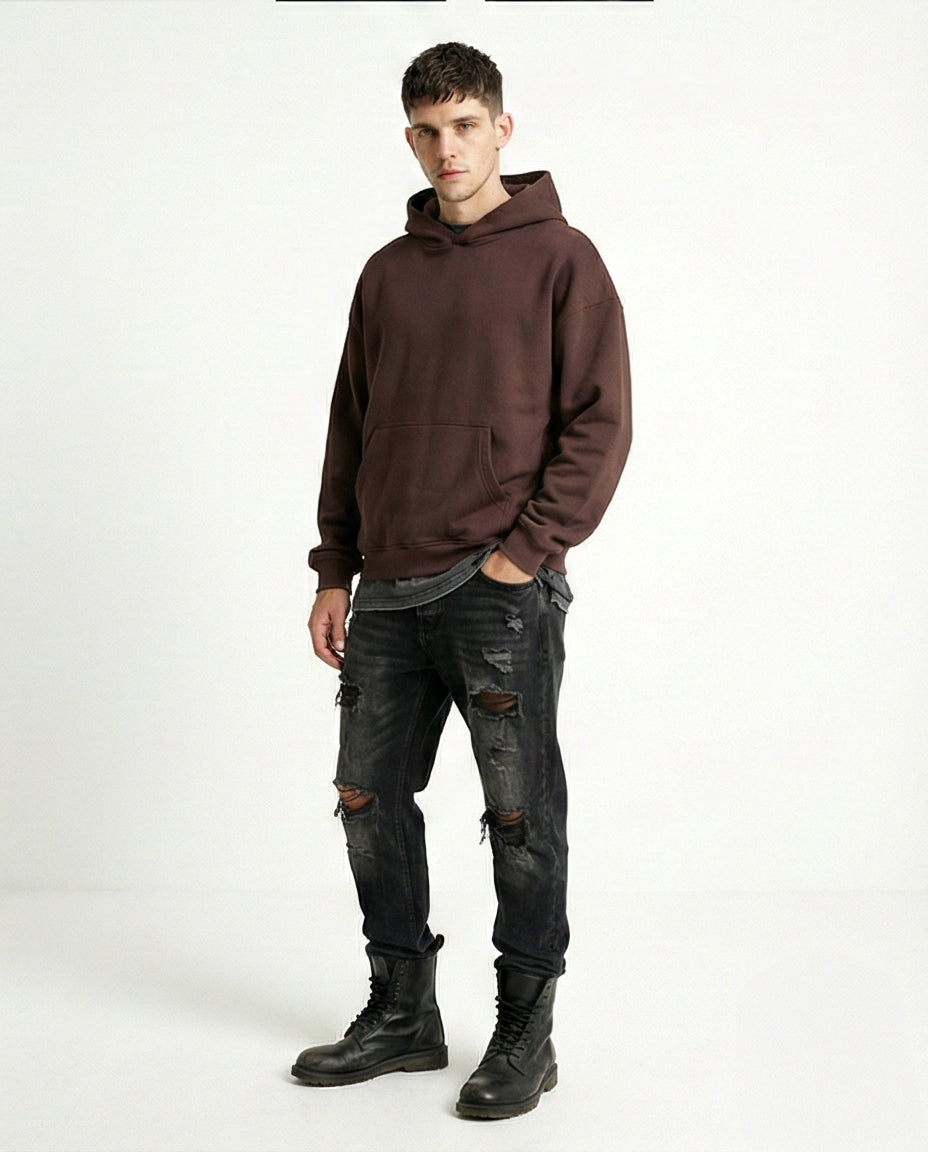 R215214 - Kangaroo Pocket Solid Cotton Hoodie - Dark Brown
