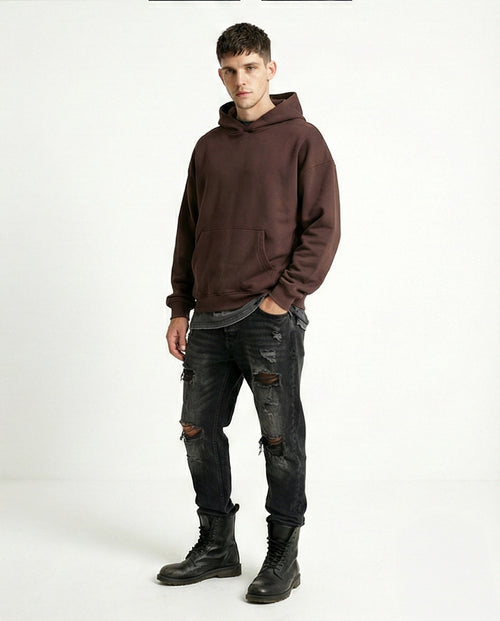 R215214 - Kangaroo Pocket Solid Cotton Hoodie - Dark Brown