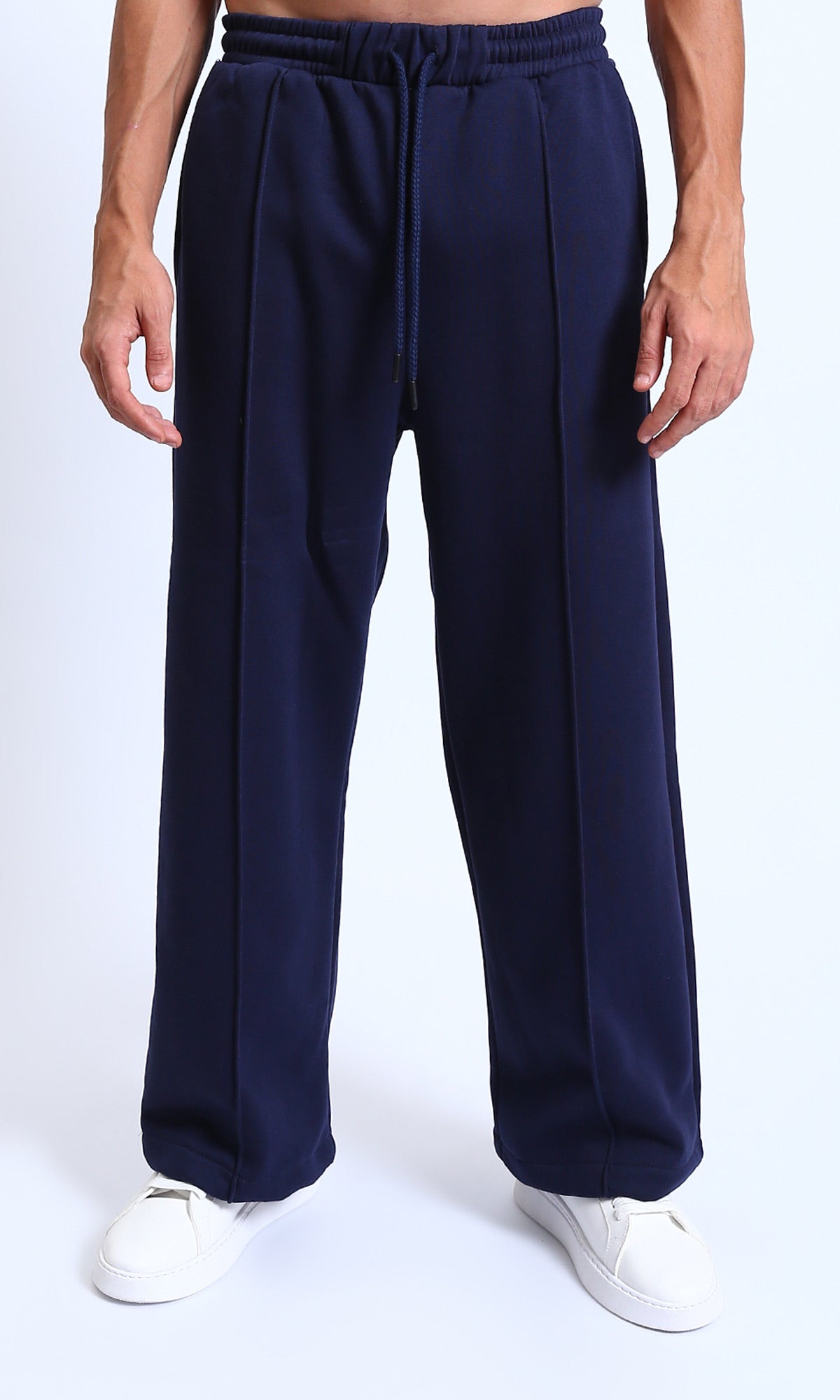 Relaxed-Fit Drawstring Pants with Front Seams - Navy Blue
