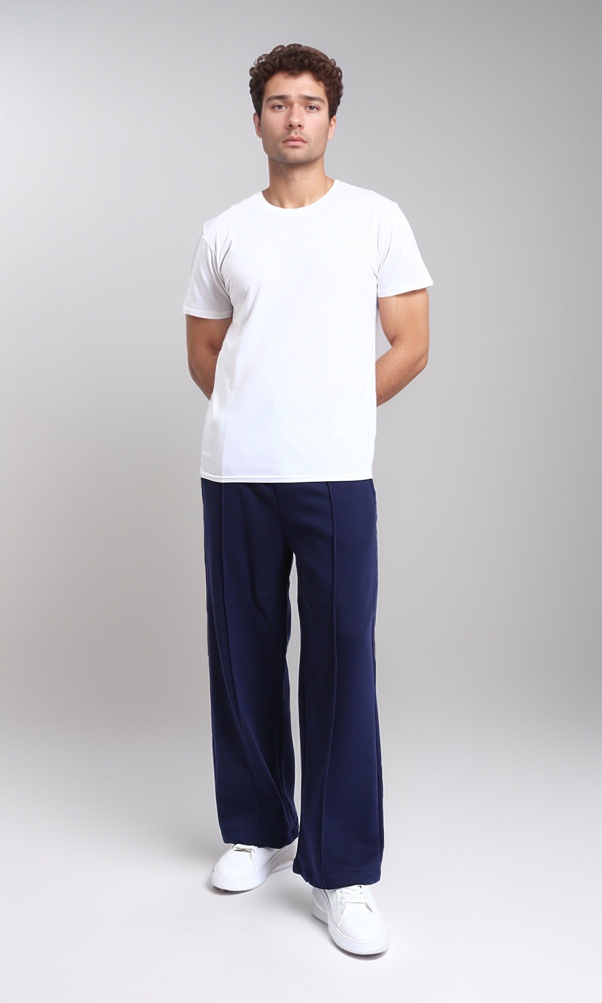 R215216 - Relaxed-Fit Drawstring Pants with Front Seams - Navy Blue